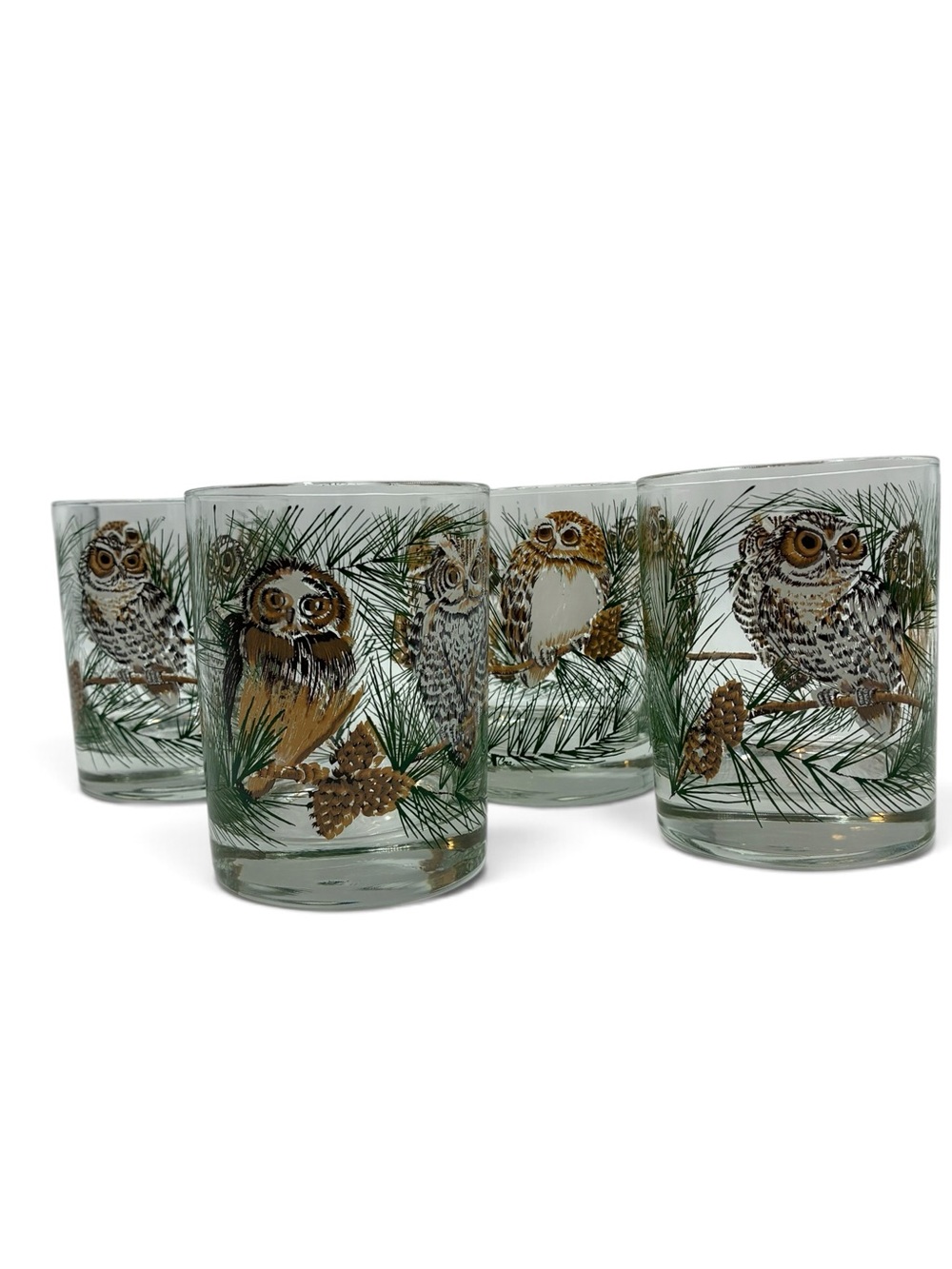 Vintage Cera Glass Horned Owl & Pine Rock Glasses Set of 4 Barware MCM 1970’s